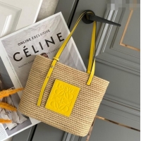 Super Quality Loewe Small Square Basket Bag in Raffia Straw and Calfskin 10112 Yellow 2023