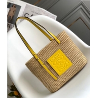 Super Quality Loewe Small Square Basket Bag in Raffia Straw and Calfskin 10112 Yellow 2023