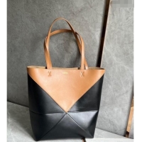 New Design Loewe Medium Puzzle Fold Tote in patchwork calfskin LO1047 Black/Brown 2023