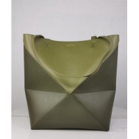 Discount Loewe Medium Puzzle Fold Tote in patchwork calfskin LO1047 Khaki Green/Light Green 2023