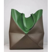 Top Quality Loewe Large Puzzle Fold Tote in patchwork calfskin LO1052 Umber Grey/Hunter Green 2023