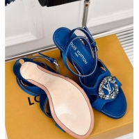 Popular Style Louis Vuitton Met Satin Sandals 9cm with Crystals LV Circle Blue 0320026