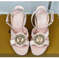 Good Product Louis Vuitton Met Satin Sandals 9cm with Crystals LV Circle Light Pink 0320030