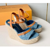 Grade Quality Louis Vuitton Helios Wedge Sandals 12cm in Light Blue Monogram Denim 0320040