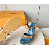 Grade Quality Louis Vuitton Helios Wedge Sandals 12cm in Light Blue Monogram Denim 0320040