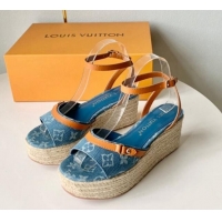 Best Grade Louis Vuitton Helios Wedge Sandals 8cm in Light Blue Monogram Denim 0320041