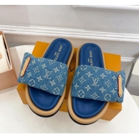 Most Popular Louis Vuitton Pool Pillow Flat Comfort Slide Sandals in Blue Monogram Denim 0320043