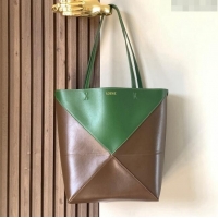 Famous Brand Loewe Medium Puzzle Fold Tote in patchwork calfskin L9082 Hunter Green/Khaki 2023