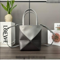 Top Design Loewe Mini Puzzle Fold Tote in shiny calfskin L9086 Pearl Grey/Dark Grey 2023