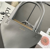 Top Design Loewe Mini Puzzle Fold Tote in shiny calfskin L9086 Pearl Grey/Dark Grey 2023