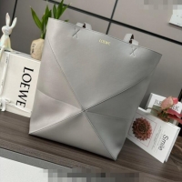 Most Popular Loewe Large Puzzle Fold Tote in shiny calfskin L9087 Pearl Grey 2023