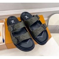 Good Quality Louis Vuitton Monogram Leather Flat Slide Sandals Green 0320055