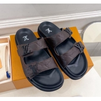 Top Grade Louis Vuitton Monogram Leather Flat Slide Sandals Chocolate 0320056