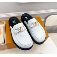 Good Quality Louis Vuitton Monogram Leather Flat Mules White/Black 0320063