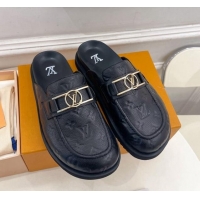 Hot Style Louis Vuitton Monogram Leather Flat Mules Black 0320064