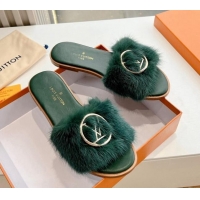 Luxury Cheap Louis Vuitton LV Mink Fur Flat Slide Sandals Dark Green 320065