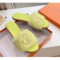 Luxury Louis Vuitton LV Mink Fur Flat Slide Sandals Light Yellow 320066