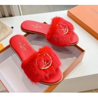 Shop Duplicate Louis Vuitton LV Mink Fur Flat Slide Sandals Red 0320067