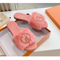 Sophisticated Louis Vuitton LV Mink Fur Flat Slide Sandals Light Pink 320069