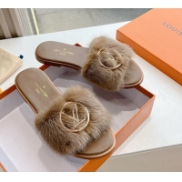 Cheap Price Louis Vuitton LV Mink Fur Flat Slide Sandals Taupe Grey 0320070