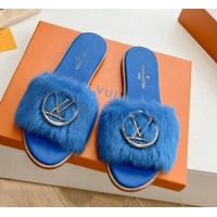 Unique Discount Louis Vuitton LV Mink Fur Flat Slide Sandals Blue 0320071