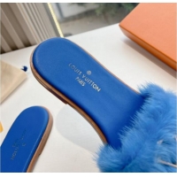 Unique Discount Louis Vuitton LV Mink Fur Flat Slide Sandals Blue 0320071