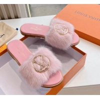 Charming Louis Vuitton LV Mink Fur Flat Slide Sandals Pale Pink 0320072