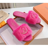 Classic Hot Louis Vuitton LV Mink Fur Flat Slide Sandals Dark Pink 0320074