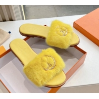 Best Grade Louis Vuitton LV Mink Fur Flat Slide Sandals Yellow 0320075