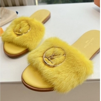 Best Grade Louis Vuitton LV Mink Fur Flat Slide Sandals Yellow 0320075