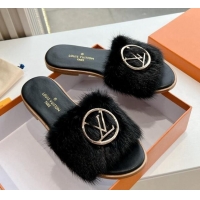 Grade Quality Louis Vuitton LV Mink Fur Flat Slide Sandals Black 0320076