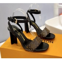 Luxurious Louis Vuitton Heel Sandals 8cm in Monogram Canvas and Leather with Studs Black 320090