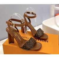 Big Discount Louis Vuitton Heel Sandals 8cm in Monogram Canvas and Leather with Studs Brown 320093