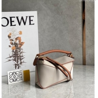 Unique Grade Loewe Mini Puzzle bag in Classic Calfskin 0202 White/Grey/Brown 2024