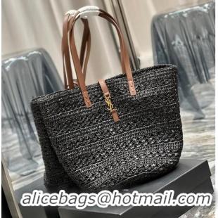 Good Product SAINT LAURENT PANIER MEDIUM BAG IN CROCHET RAFFIA AND SMOOTH LEATHER 688221 NOIR