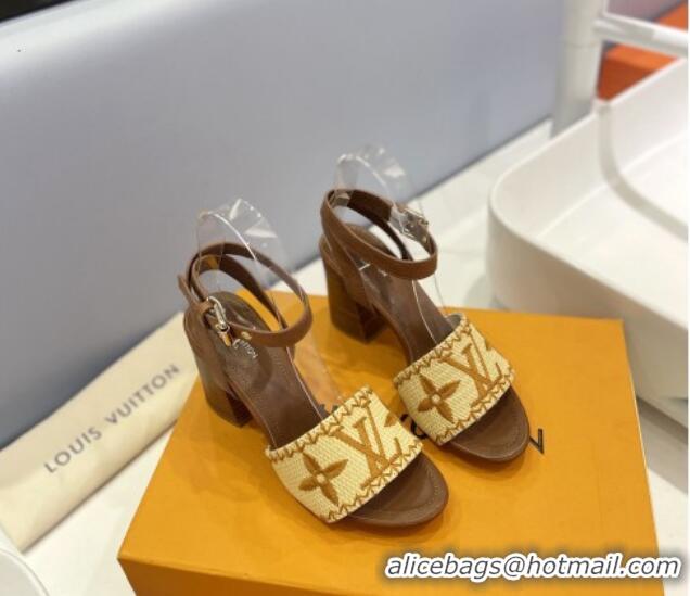 Pretty Style Louis Vuitton Heel Sandals 7.5cm in Monogram Raffia Straw Brown 0320096