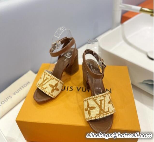 Pretty Style Louis Vuitton Heel Sandals 7.5cm in Monogram Raffia Straw Brown 0320096