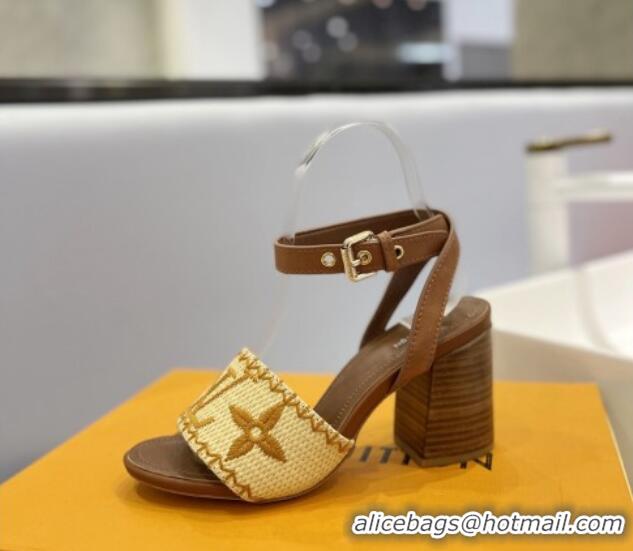 Pretty Style Louis Vuitton Heel Sandals 7.5cm in Monogram Raffia Straw Brown 0320096