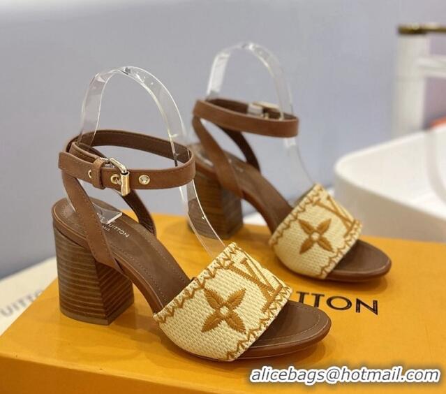 Pretty Style Louis Vuitton Heel Sandals 7.5cm in Monogram Raffia Straw Brown 0320096