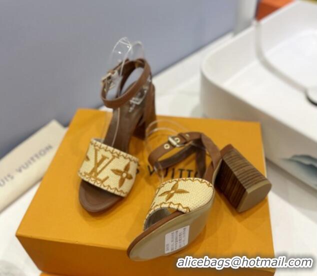 Pretty Style Louis Vuitton Heel Sandals 7.5cm in Monogram Raffia Straw Brown 0320096