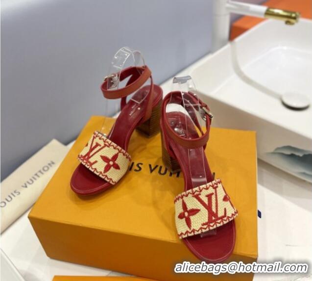 Fashion Louis Vuitton Heel Sandals 7.5cm in Monogram Raffia Straw Red 320097