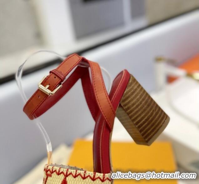 Fashion Louis Vuitton Heel Sandals 7.5cm in Monogram Raffia Straw Red 320097