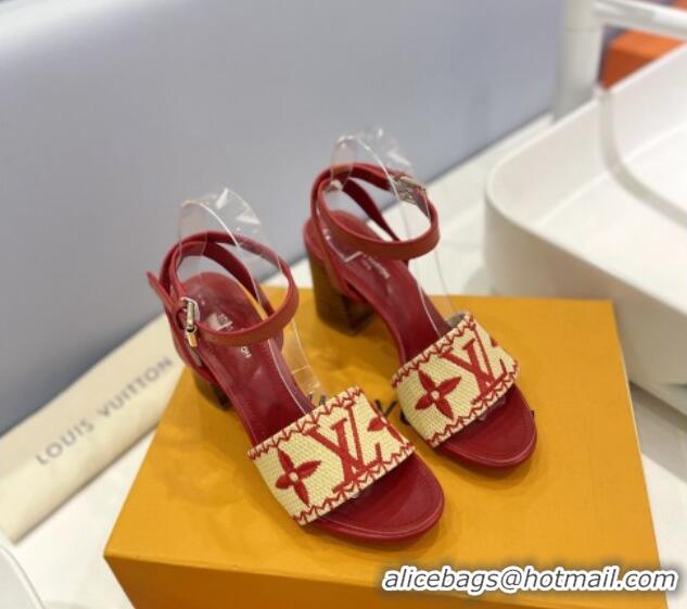 Fashion Louis Vuitton Heel Sandals 7.5cm in Monogram Raffia Straw Red 320097