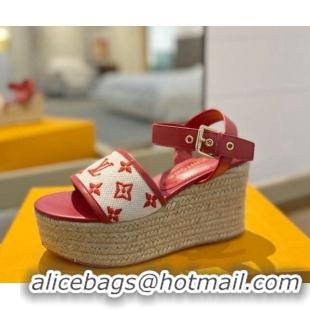 Best Price Louis Vuitton Starboard Wedge Sandals 10cm in Monogram-embroidered Cotton Red 320098