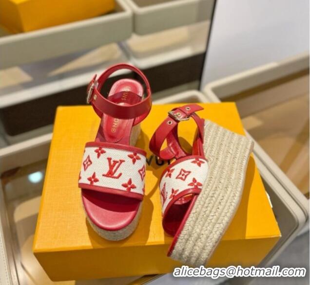 Best Price Louis Vuitton Starboard Wedge Sandals 10cm in Monogram-embroidered Cotton Red 320098