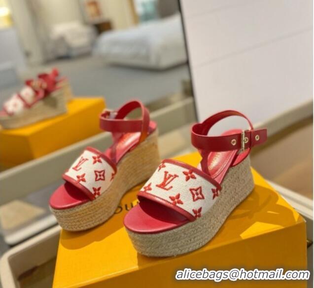 Best Price Louis Vuitton Starboard Wedge Sandals 10cm in Monogram-embroidered Cotton Red 320098