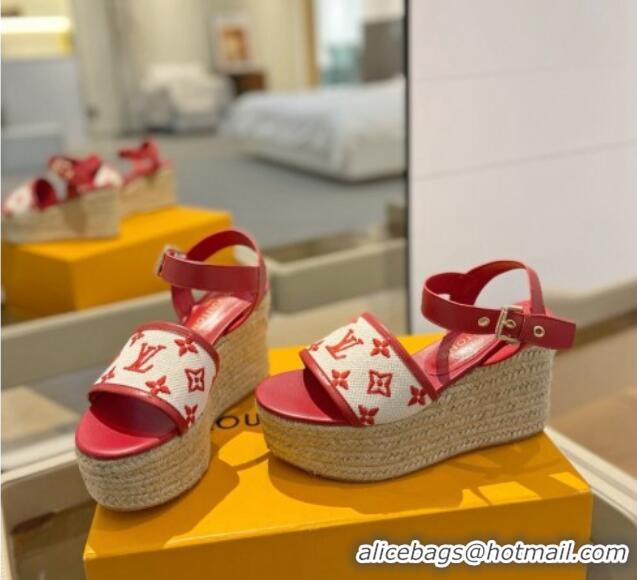 Best Price Louis Vuitton Starboard Wedge Sandals 10cm in Monogram-embroidered Cotton Red 320098