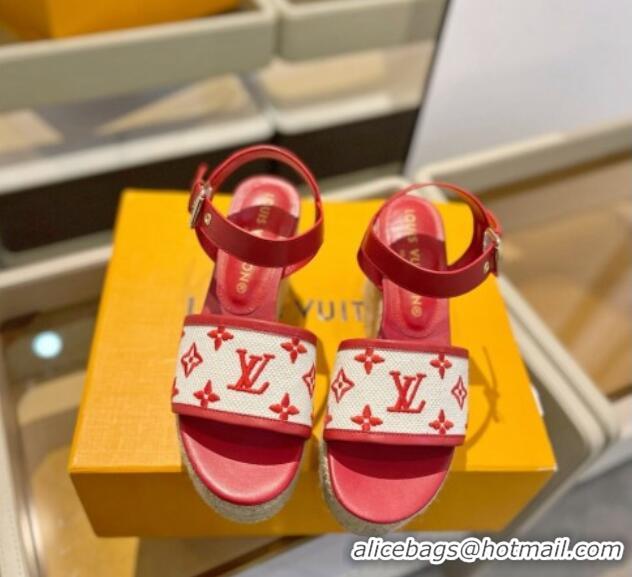 Best Price Louis Vuitton Starboard Wedge Sandals 10cm in Monogram-embroidered Cotton Red 320098