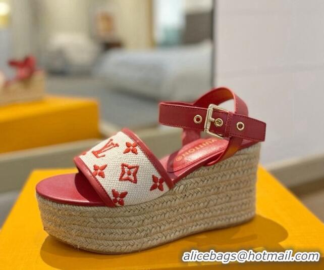 Best Price Louis Vuitton Starboard Wedge Sandals 10cm in Monogram-embroidered Cotton Red 320098