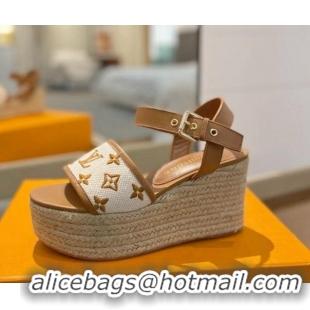 Top Grade Louis Vuitton Starboard Wedge Sandals 10cm in Monogram-embroidered Cotton Brown 0320099